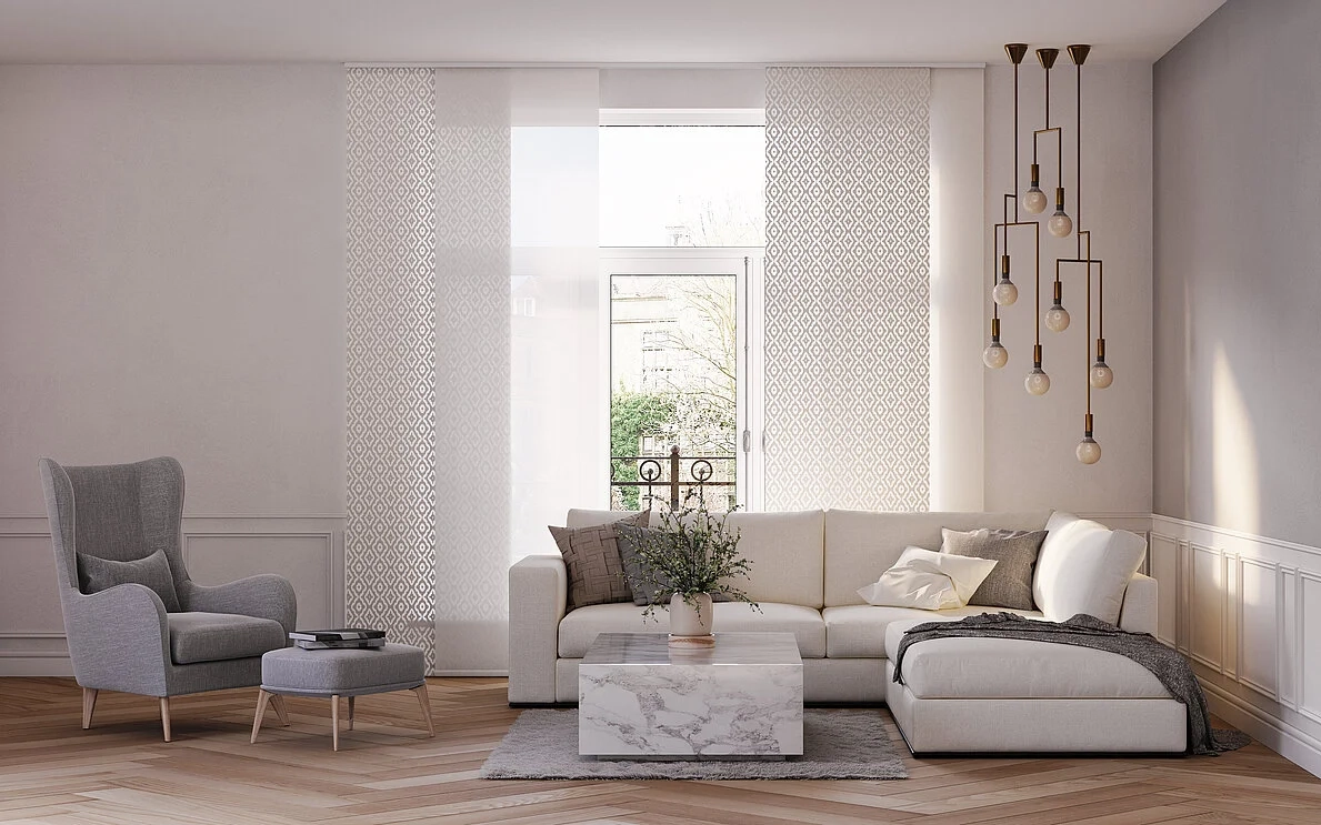 Modernes Wohnzimmer mit Flächenvorhängen im individuellen Rautendesign