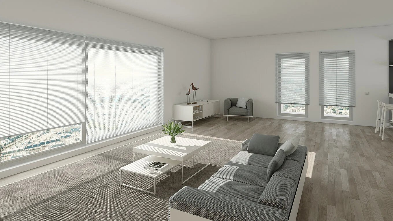 Modernes Wohnzimmer mit Horizontal-Jalousien verschiedener Breiten