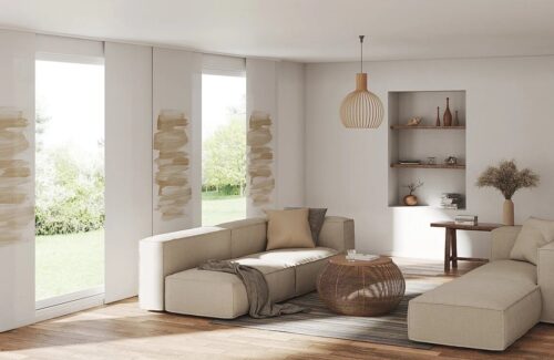Modernes Wohnzimmer mit Flächenvorhängen im individuellen Rautendesign